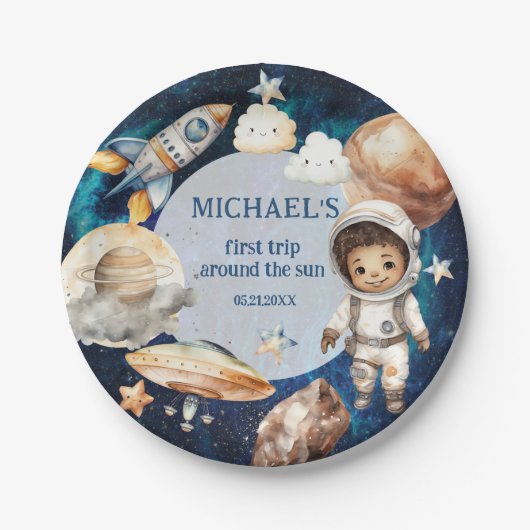 Astronauten Weltraum erste Reise um die Sonne zum Pappteller (Vorderseite)