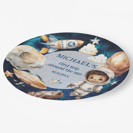 Astronauten Weltraum erste Reise um die Sonne zum Pappteller (Schrägansicht)