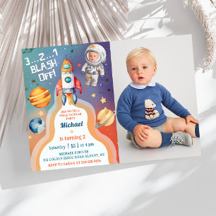 Astronauten Weltraumraketenschiff Geburtstags-Foto Einladung