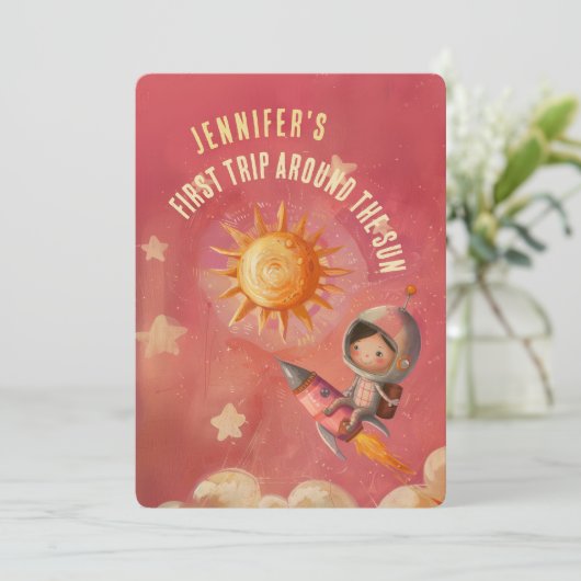 Astronautenabenteuer Erste Geburtstagsparty Einladung (Stehend Vorderseite)