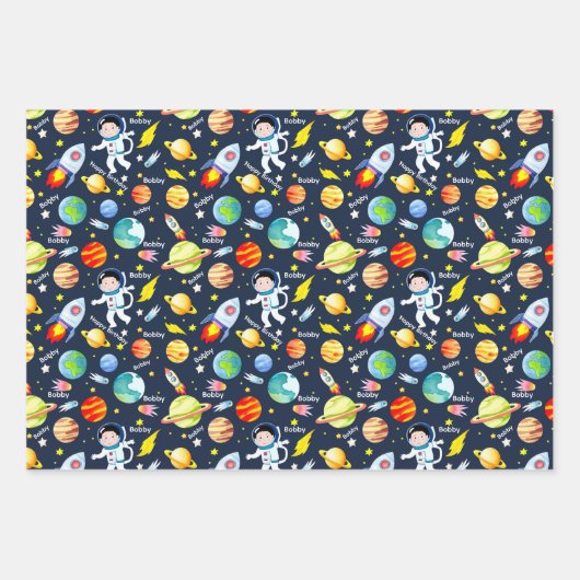 Astronautenjunge personalisieren das Namensraumsch Geschenkpapier Set (Vorderseite)