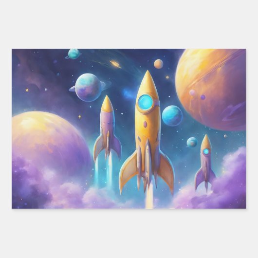 Astronautenjunges Mädchen in Weltraumraketen 3 Geschenkpapier Set (Vorderseite 3)
