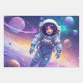 Astronautenjunges Mädchen in Weltraumraketen 3 Geschenkpapier Set (Vorderseite)