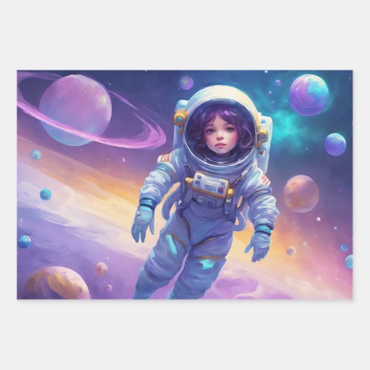 Astronautenjunges Mädchen in Weltraumraketen 3 Geschenkpapier Set (Vorderseite)