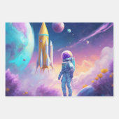 Astronautenjunges Mädchen in Weltraumraketen 3 Geschenkpapier Set (Vorderseite 3)
