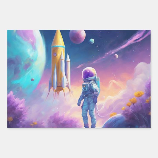 Astronautenjunges Mädchen in Weltraumraketen 3 Geschenkpapier Set (Vorderseite 3)