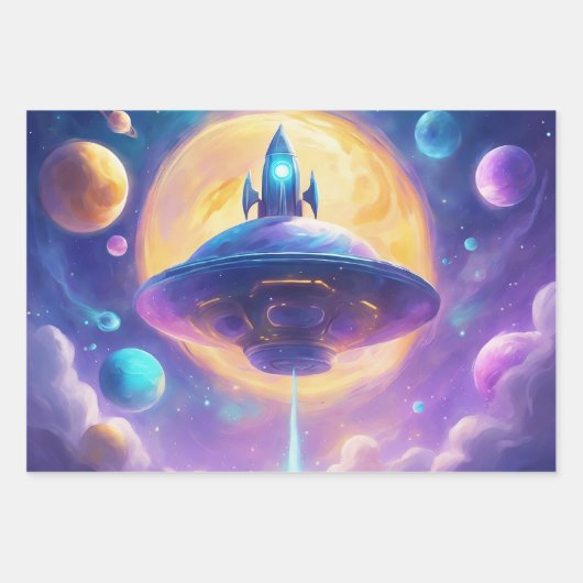 Astronautenjunges Mädchen in Weltraumraketen 3 Geschenkpapier Set (Vorderseite 2)