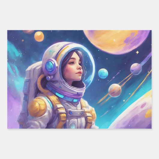 Astronautenjunges Mädchen in Weltraumraketen 3 Geschenkpapier Set (Vorderseite)