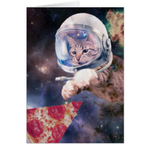 Astronautenkatze, die eine Pizzasuppe jagt