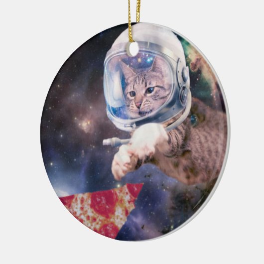 Astronautenkatze, die eine Pizzasuppe jagt Keramik Ornament (Links)