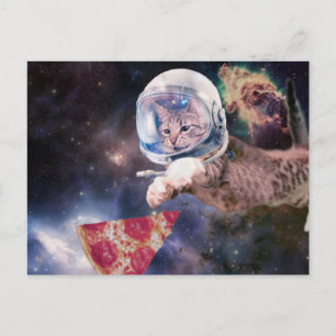 Astronautenkatze, die eine Pizzasuppe jagt Postkarte