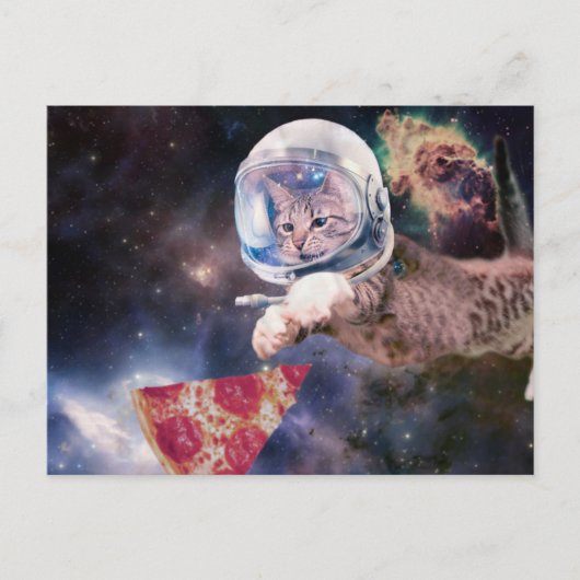 Astronautenkatze, die eine Pizzasuppe jagt Postkarte (Vorderseite)