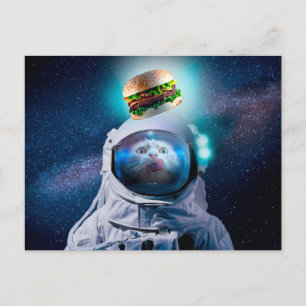 Astronautenkatze, die einen Hamburger wünscht Postkarte