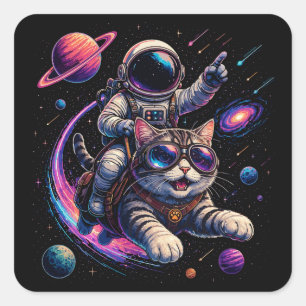 Astronautenkatze reist durch den Weltraum Quadratischer Aufkleber