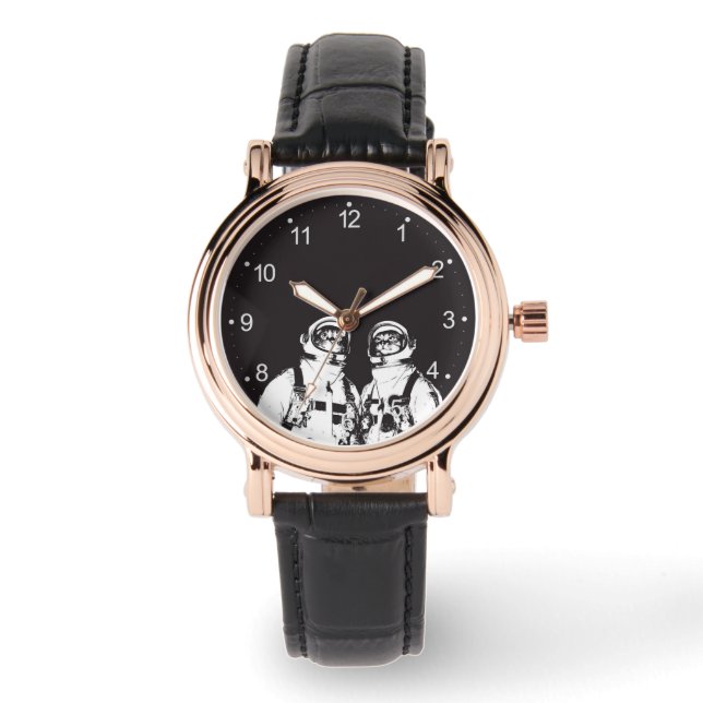 Astronautenkatze schwarz-weiß armbanduhr (Vorderseite)