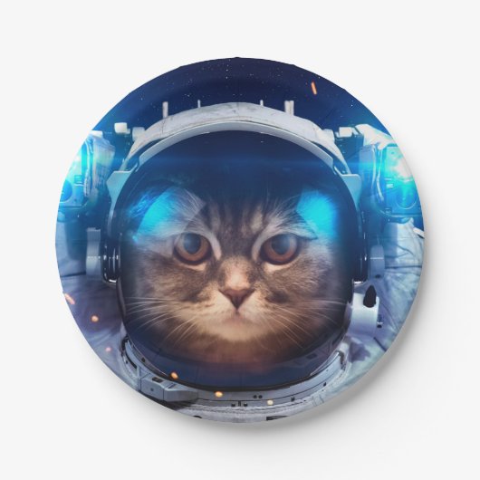 Astronautenkatze schwimmt über der Erde Pappteller (Vorderseite)