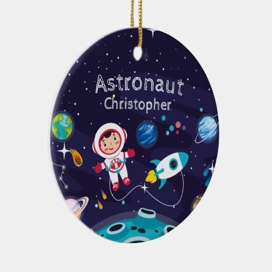Astronautenkind auf dem Mond, mit Monogramm Name Keramik Ornament (Rechts)