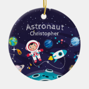 Astronautenkind auf dem Mond, mit Monogramm Name Keramik Ornament