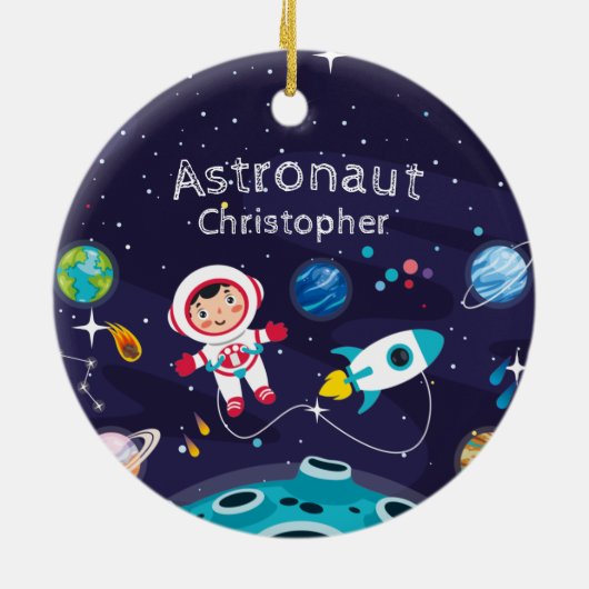 Astronautenkind auf dem Mond, mit Monogramm Name Keramik Ornament (Hinten)