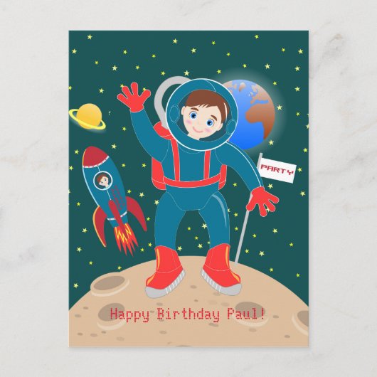 Astronautenkind auf der Mond-Geburtstagsparty Postkarte (Vorderseite)
