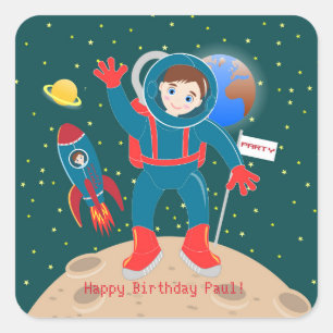 Astronautenkind auf der Mond-Geburtstagsparty Quadratischer Aufkleber