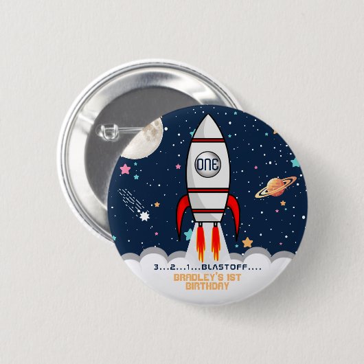 AstronautenraketenWeltraum 1. Geburtstag Button (Vorne & Hinten)