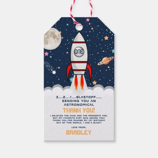 AstronautenraketenWeltraum 1. Geburtstag Geschenkanhänger (Vorderseite)