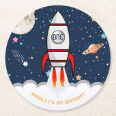 AstronautenraketenWeltraum 1. Geburtstag Runder Pappuntersetzer (Vorderseite)