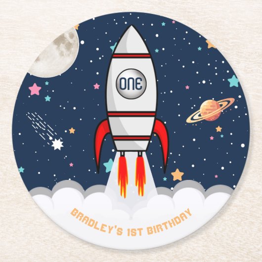 AstronautenraketenWeltraum 1. Geburtstag Runder Pappuntersetzer (Vorderseite)