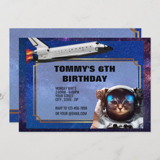 Astronautin Cat Space Einladung (Vorne/Hinten)