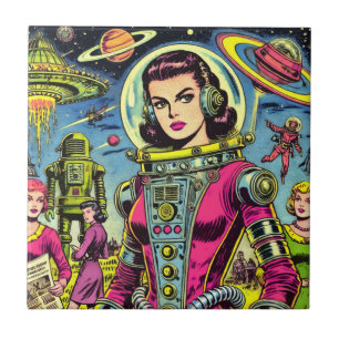 Astronautin Frauen Vintage Sci-Fi-Comic Fliese