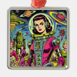 Astronautin Frauen Vintage Sci-Fi-Comic Ornament Aus Metall