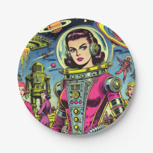 Astronautin Frauen Vintage Sci-Fi-Comic Pappteller