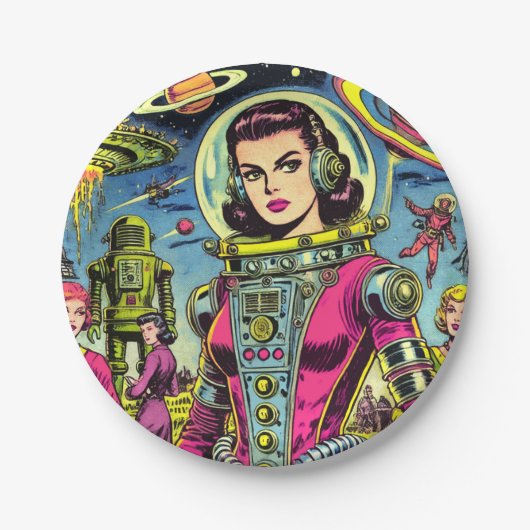 Astronautin Frauen Vintage Sci-Fi-Comic Pappteller (Vorderseite)
