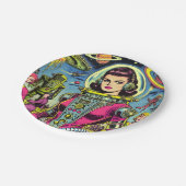 Astronautin Frauen Vintage Sci-Fi-Comic Pappteller (Schrägansicht)