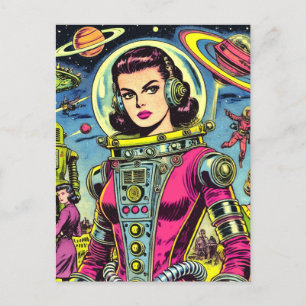 Astronautin Frauen Vintage Sci-Fi-Comic Postkarte