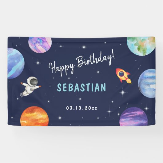 Astronautin Galaxy Geburtstag Blauer Empfang Banner (Horizontal)