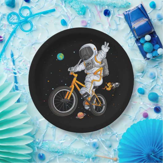 Astronautin im Weltraumfahrer bmx bike auf space o Pappteller (Party)