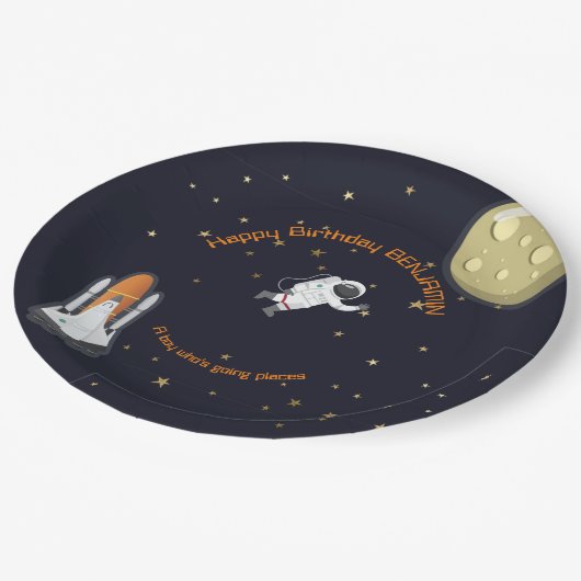 Astronautin Moon Rocket Kids Solar System Spaß Pappteller (Schrägansicht)