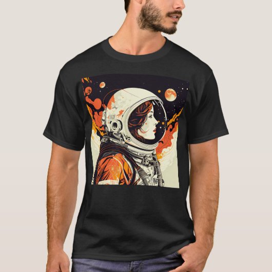 Astronautin Pop Art Space Nasro Retro Regenbogen T-Shirt (Vorderseite)