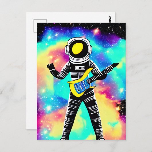 Astronautin spielt elektrische Gitarre im Weltraum Postkarte (Vorne/Hinten)