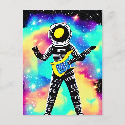 Astronautin spielt elektrische Gitarre im Weltraum Postkarte (Vorderseite)
