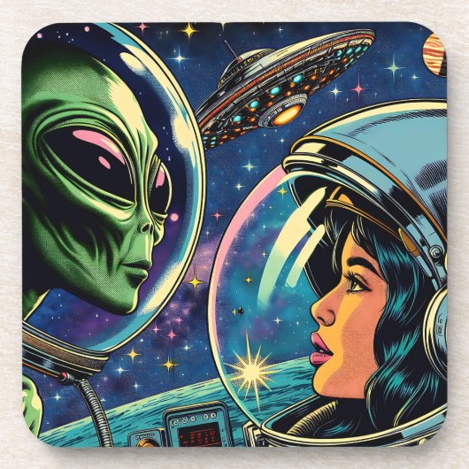 Astronautin trifft extraterrestrische Alien Getränkeuntersetzer (Vorderseite)