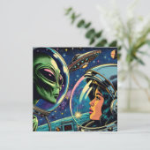 Astronautin trifft extraterrestrische Alien Karte (Stehend Vorderseite)