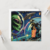 Astronautin trifft extraterrestrische Alien Karte (Vorderseite/Rückseite Beispiel)