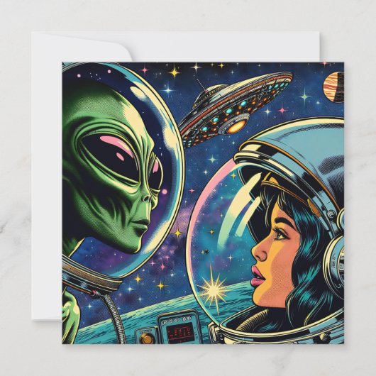 Astronautin trifft extraterrestrische Alien Karte (Vorderseite)