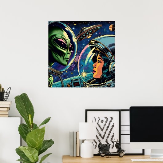 Astronautin trifft extraterrestrische Alien Poster (Heimbüro)