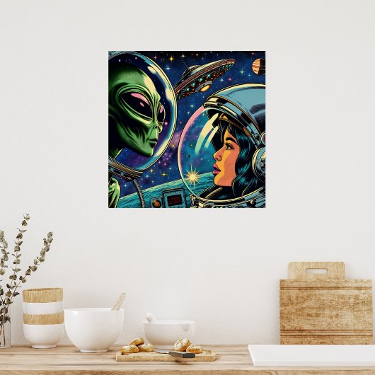 Astronautin trifft extraterrestrische Alien Poster (Küche)