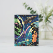 Astronautin trifft extraterrestrische Alien Postkarte (Stehend Vorderseite)