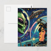 Astronautin trifft extraterrestrische Alien Postkarte (Vorne/Hinten)